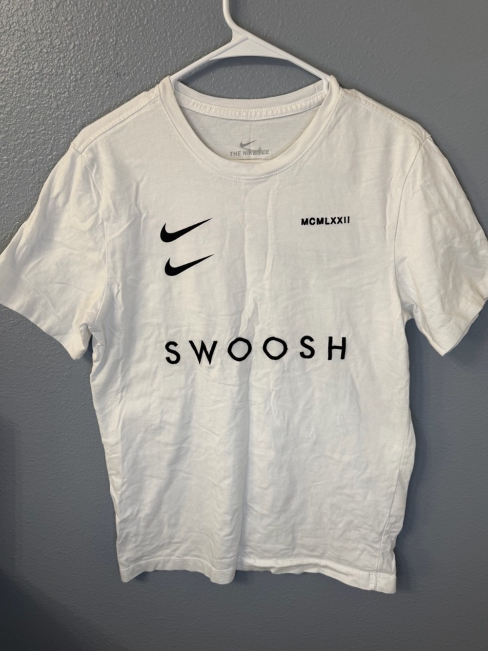 Nike White Crewneck Tee with Black Swoosh and Text